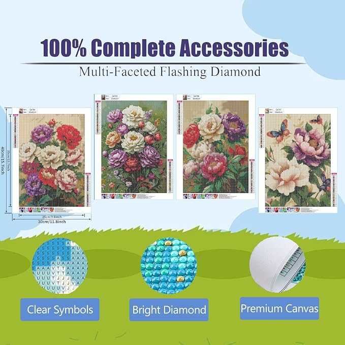 DOZEEZOP 4-Pack Diamond Art Kit for Adults, 5D Diamond Painting 12x16 Inch | Flowers pictures, Full Round Drills, Home Wall & Shelf Decor, Beginner-Friendly DIY Craft, Stress Relief, All-Occasion Gift