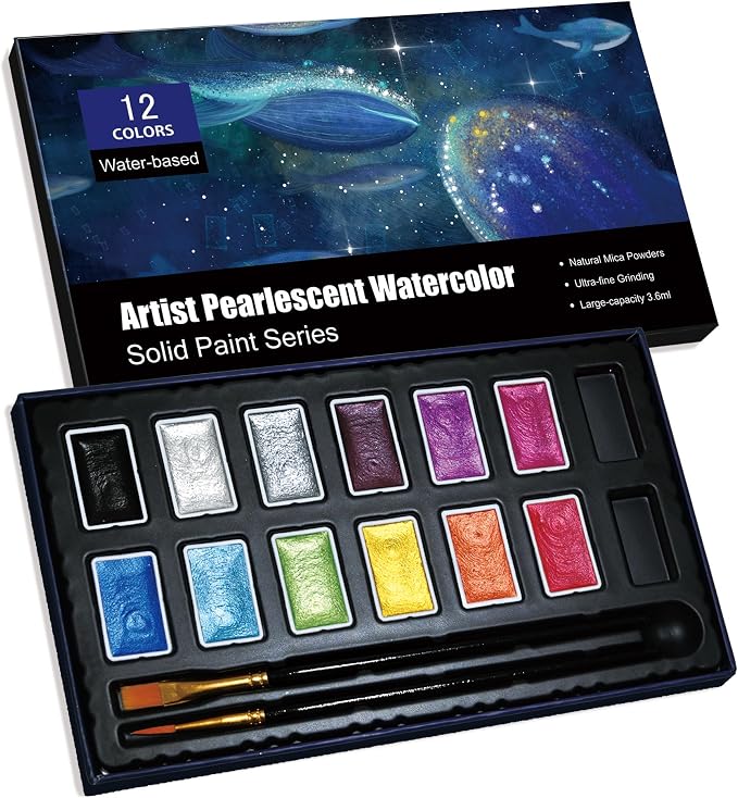 Shimmer Watercolor Paint Set, 12 Colors Glitter Metallic Watercolour Painting Sets, Solid Pearl Water Color Paints for Artists, Amateur Hobbyists and Painting (12 Colours)