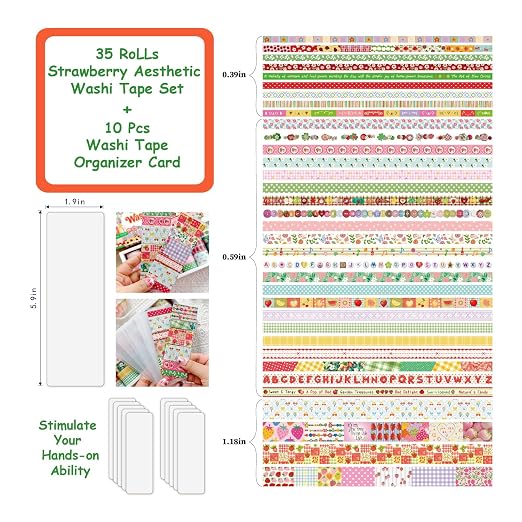 35 Rolls Strawberry Farm Washi Tape Set, Cute Fruits Decorative Scrapbook Tape and Journaling Supplies for DIY Crafts, Bullet Journals, Gift Wrapping