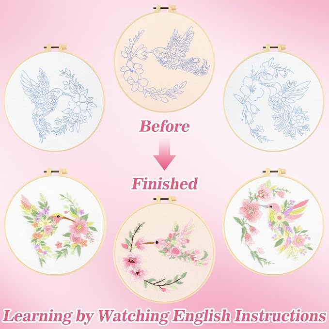Mindsoft 3 Set Needlepoint Kit for Beginners with Hoop,Flower Hummingbird | Bamboo Hoop Thread Needles Instructions, Easy Hand Embroidery for Beginners Home Crafts,Pre-stamped Funny Cute Designs