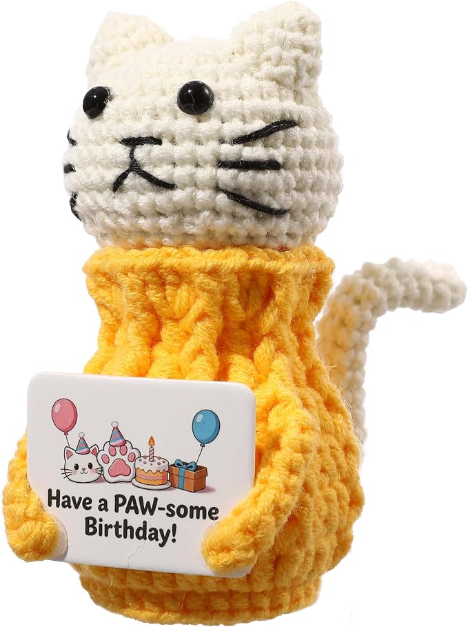 Cute Crochet Cat Birthday Gifts for Teen Girls | Handmade Yellow Cat with Birthday Card, Adorable Funny Kawaii Desk Decor for Daughter, Friends, Sisters
