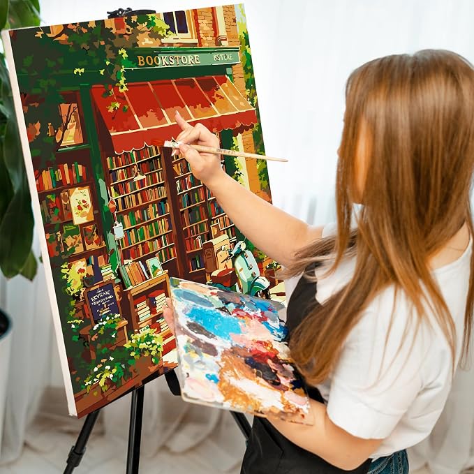 Paint by Numbers Kit for Adults, Cozy Bookstore Painting, 16 x 20 Inch | DIY Adult Paint by Number Kit on Canvas for Beginners, without Frame, Literary Wall Decor, Stress Relief Craft Gift