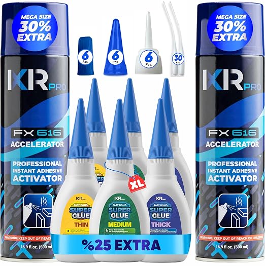 CA Glue with Activator Kit – 6 x 1.75 oz (Thin, Medium, Thick) + 2X 16.9 fl oz Accelerator Spray, Cyanoacrylate Super Glue for Woodworking, 3D Printing, Plastic, Guitar Repair & Hobby Projects