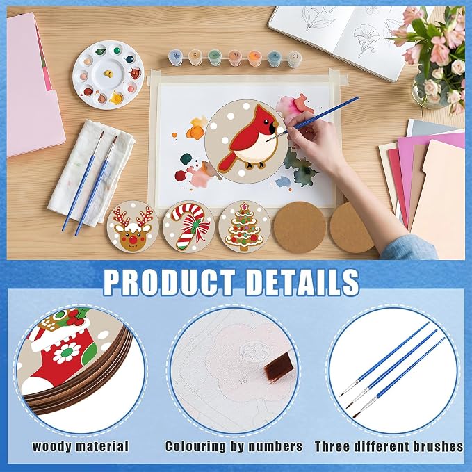 8 Pack Christmas Paint by Number Kits Coasters with Holder Cork Pads | Paint by Numbers Kits for Adults Simple Round Oil Painting Coaster for Small DIY Craft Holiday Birthday Gifts 3.9x3.9in