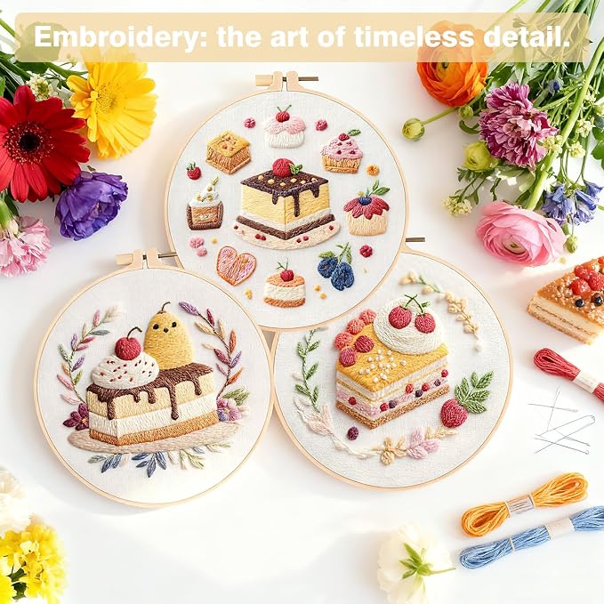 RidaaFri Embroidery Kit for Beginners, 3PC Starter Set Cake Fruit Patterns | Adult Stamped Hand Embroidery Craft Includes Hoop Needles Floss Step-by-Step Guide, DIY Complete Sewing Supplies Cross Stitch
