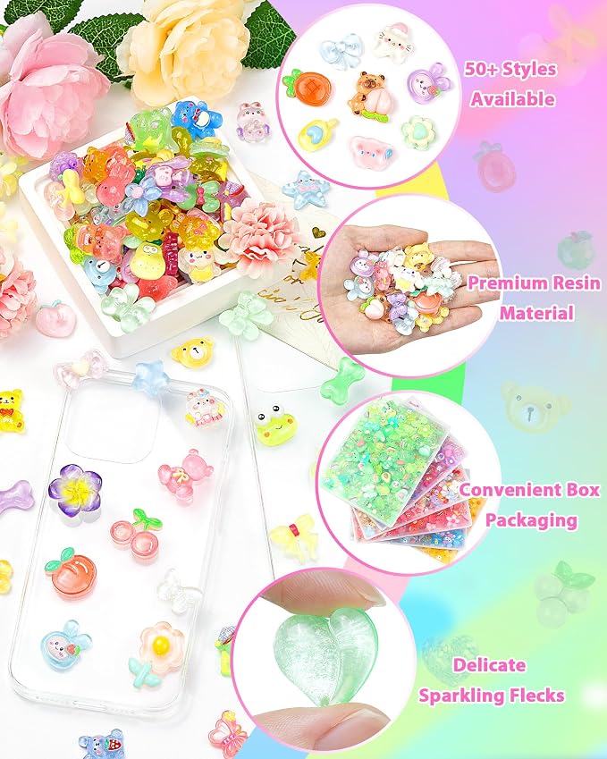 FIVEIZERO 100PCS Cute Slime Charms, Kawaii Flatback Resin Charms | 50+ Unique Designs, Glittery Finish, Easy to Glue, Lightweight and Durable, Perfect for DIY Decoration