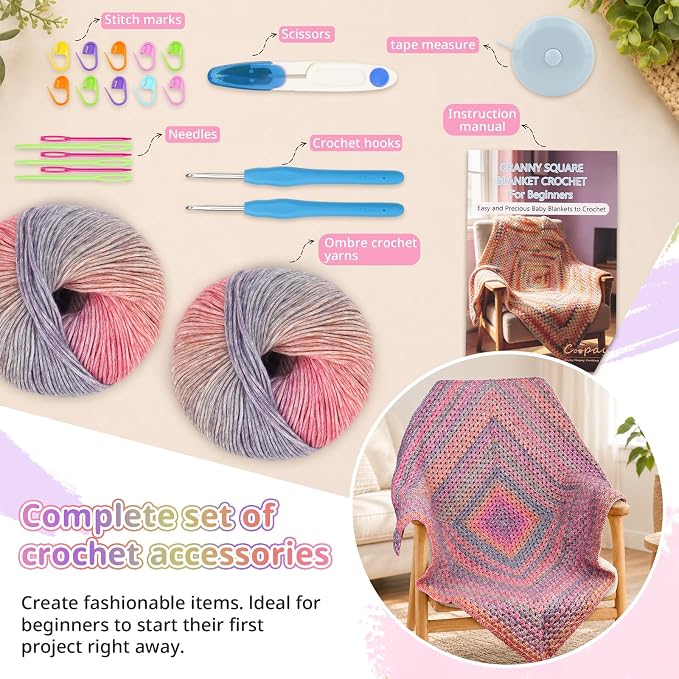 Coopay Gradient Crochet Kit for Beginners Adults, Granny Square Blanket Kit