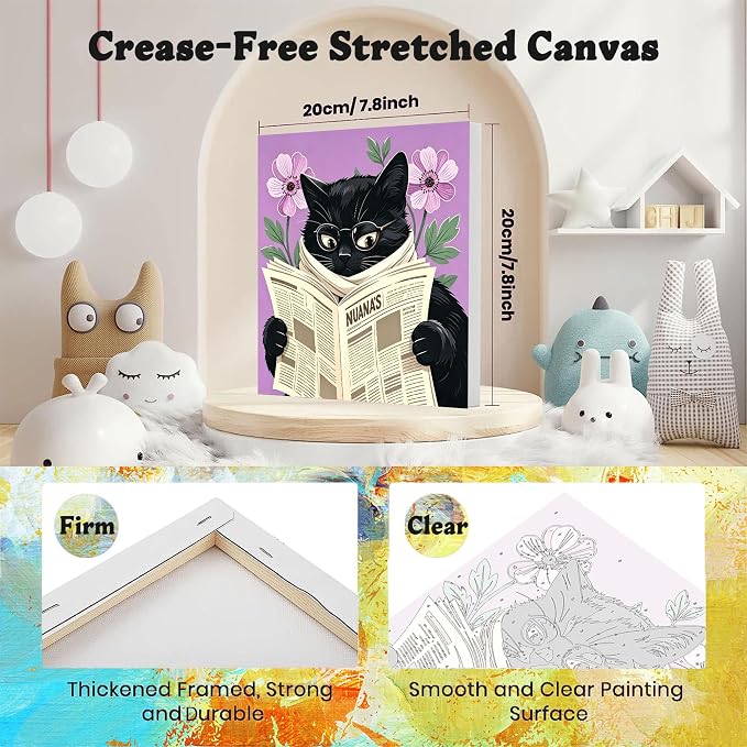 4 Pack Cat Paint by Numbers for Adults with Framed Canvas - Wooden Easel | Black Cat Paint by Number on Canvas, DIY Flower Acrylic Oil Painting Kits with Brushes for Home Wall Decor (8x8 inch)