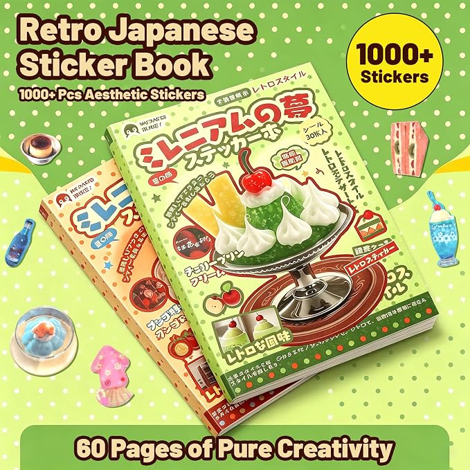 Tmtains 60 Sheets Japanese Sticker Book for Scrapbook Junk Journal Heisei Retro Manga & Ice Cream Style Korean Stickers for Journaling Aesthetic Cute Sticker Book for Adults DIY Crafts (Yellow&Green)