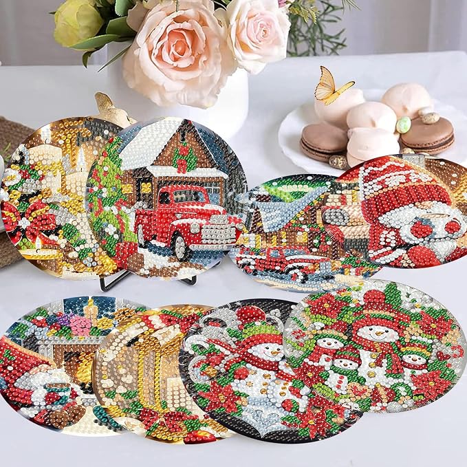 mrpwnle 8 Pcs Diamond Art Coasters Christmas Diamond Painting Coasters