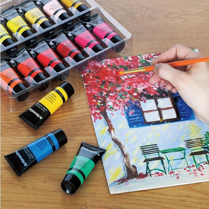 24 Colors Professional Acrylic Paint Set, Artist Paint Supplies | 22ml Tubes, Paint Set for Canvas, Crafts, Clay, Rocks, Paper etc., Basics Art Supplies, Giftable Set for Artists, Beginners