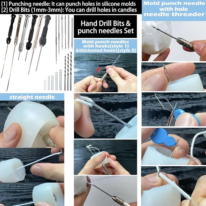 155PCS Adjustable Candle Hole Drill Needle with Candle Wick Roll 200 Ft,Candle Making Kits to Insert Wick in Silicone Molds,Mold Hook & Eye Punch Needle,Big Hole Long Needle,Stickers,Center Holder