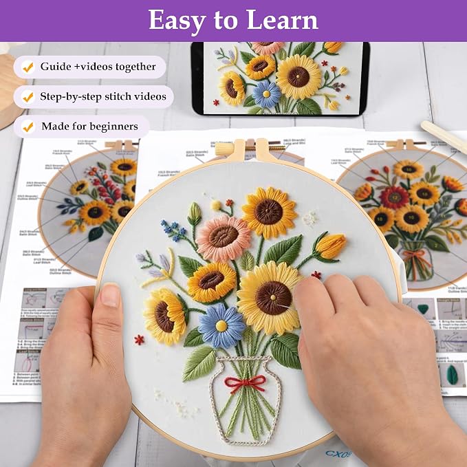 Uniartfy 3 Sets Sunflower Embroidery Kits for Beginners, Needlepoint Kits for Adults, Cross Stitch Kit with Cloth, Hoop, Threads and Instruction, Easy to Learn Embroidery Starter Kit for Craft Lover
