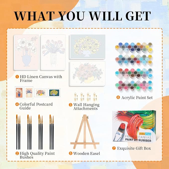 4 Pack Paint by Numbers Kit for Adults with Frame, Flowers & Floral Vase | DIY Acrylic Painting Kit with Wooden Easel, Framed Paint by Number for Beginners, Home Wall Decor & Gift, 8 x 12 Inch