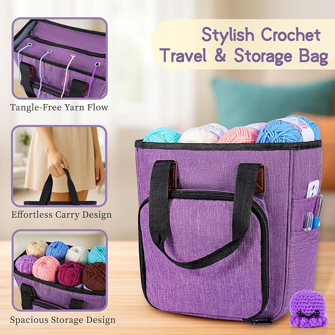 JC CRAFT Deluxe Beginner Crochet Kit – 116-Piece Set with 20 Yarns, Ergonomic Hooks, Accessories, Book for Beginners & Online Tutorial – DIY Starter Kit for Adults & Teens with Purple Bag & Case