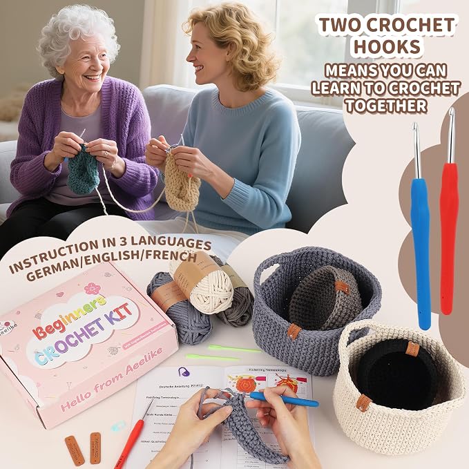 27PCS Crochet Basket Kit for Beginners,Beige Square Basket,Gift Box Package