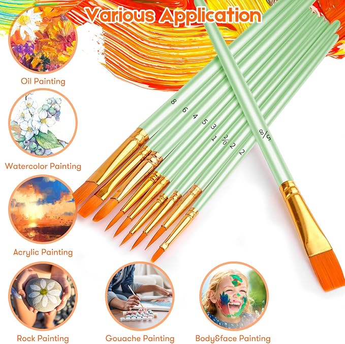 Soucolor Watercolor Paint Brushes Set, 40 Pcs Pointed Tip Painting Supplies | Acrylic Painting Oil Watercolor Halloween Pumpkin Ceramic Crafts Supplies Rock Body Face Nail Art, Mint Green