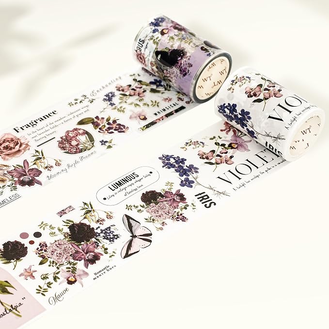 WT Pre-Cut Violet Veil Wide Washi Tape, Single Roll, Soft Lilac Florals & Misty Backgrounds with Script, Decorative Japanese Paper for Journaling, Scrapbooking, Planner, DIY Crafts, 65mm x 5m