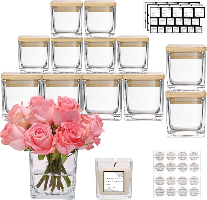 CONNOO 12 Pack 9oz & 3oz Clear Glass Square Candle Jars with Bamboo Lids