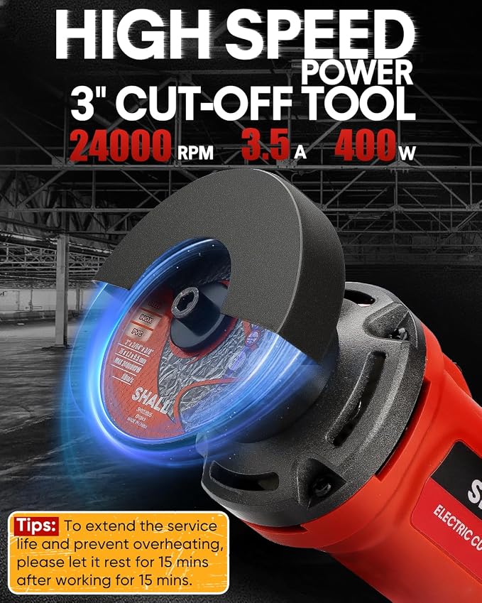 SHALL 3 Inch High-Speed Cut Off Tool, 3.5 Amp Metal Cutter Tool with 3Pcs Multifunctional Cut Off Wheels, 24000RPM Electricl Metal Cutting Tools for Steel, Inox
