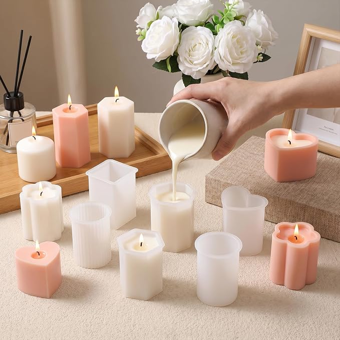 8 Pcs Candle Making Molds, Silicone Candle Molds for Making | Candle Molds Set, Cylinder Hexagon Octagonal Heart Flower Square Shapes for DIY Candle Making, Release Candle Making Kit