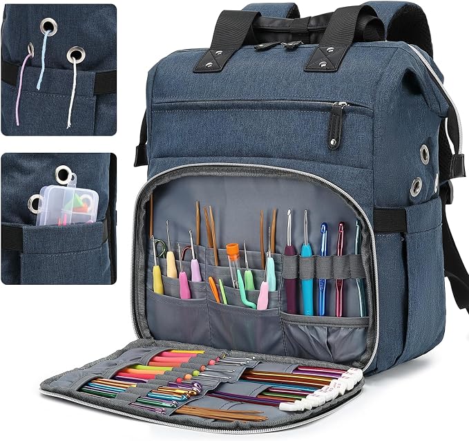 LTINVECK Crochet Backpack,Knitting Bag Backpack Yarn Storage Organizer Travel Bag,Large Yarn Tote Bag for Knitting Needles,Crochet Hooks Accessories,Blue