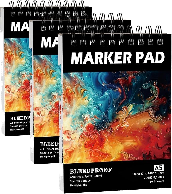 60 Sheets Marker Paper Pad, A5(5.8"x8.3") Alcohol Marker Paper Sketch Pad, 120lb/200gsm Heavyweight Spiral Sketch Book, Painting Coloring Drawing Paper for Kids Beginners Artists (Pack of 3)