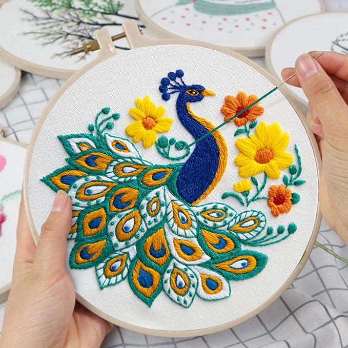 Louise Maelys Embroidery Kit for Beginners Peacock Floral DIY for Adults | Pre-Printed Fabric, Hoop, Threads, Needles, Guide Included for DIY Crafting. Enjoy Cross Stitch Kits. Explore Needlepoint Kit