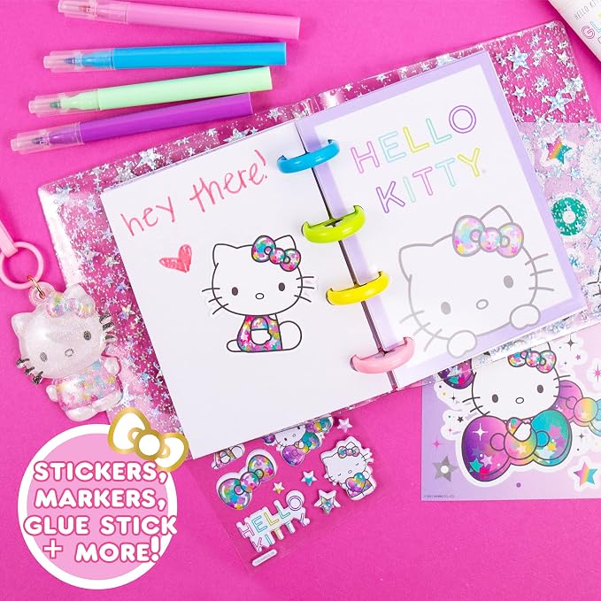 Hello Kitty DIY Glitter Micro Journal by Horizon Group USA, 40+ Stationery Accessories Including Hello Kitty Stickers, Surprise Keychain, Interchangeable Binder Discs, Squishy Glitter Cover & More