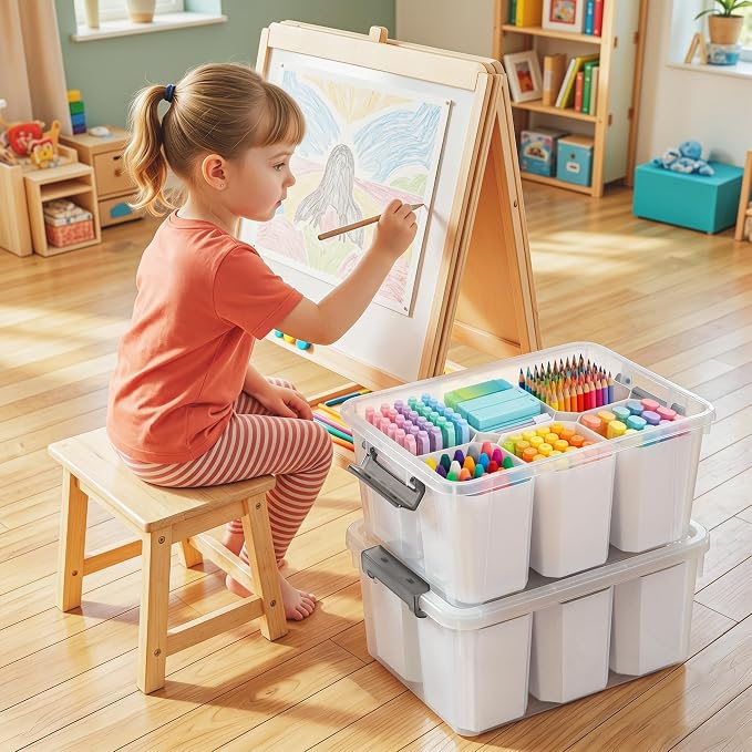 17QT 2Packs Clear Marker Organizer – 6 Detachable Inserts, Stackable Craft Organizers and Storage, Art Supply Organizer for Markers, Crayon, Pencils, Pens and Craft Supplies