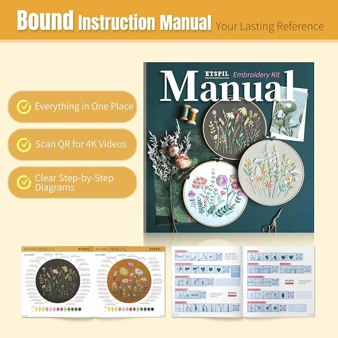 ETSPIL Embroidery Kit for Beginners, 2 Hoops, 4K Video, 4 Floral Patterns | Stitch Side by Side. Lines Fade as You Stitch. All Tools Included. Easy to Start, Weekend Family Craft