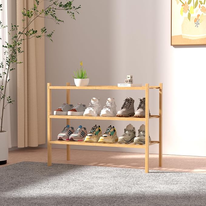 ROMGUAR CRAFT 3 Tier Bamboo Shoe Rack for Closet Free Standing Wood Shoe Shelf Storage Organizer for Entryway Small Space Stackable 27"x11"x20" (Natural) (Pack of 2)