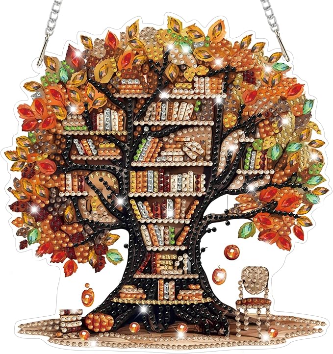 Bowetile Fall Diamond Art Hanging Kits for Adults, Tree of Books Diamond Art Suncatchers Maple Leaf, 5D Special Shape Autumn Diamond Painting Pendant Window Ornament for Home Wall Decor