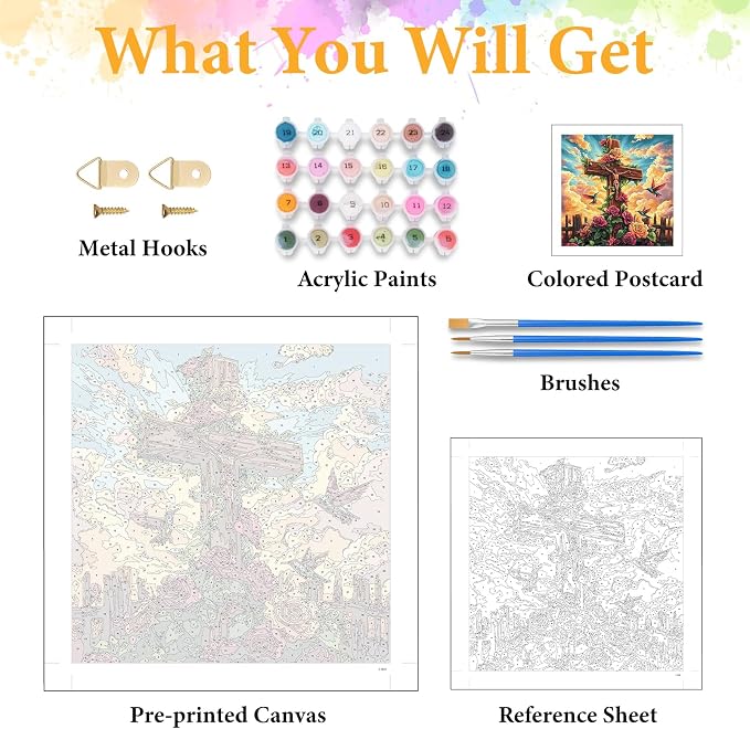 Paint by Numbers Kit for Adults, Christian Cross & Roses Design, 16x16 Inch