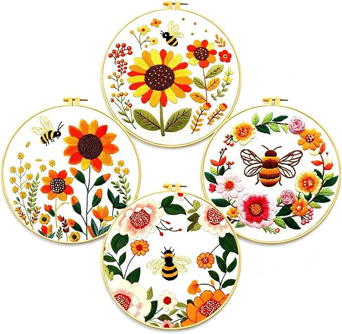 Zhenqing Bees & Flowers Embroidery Kit 11.4x11.4cm - 4-Piece Complete Cross Stitch Set with Pre-Printed Fabric, Threads, Hoop, Needles & Instructions | DIY Craft for Adults, Beginners-Friendly (C0046)
