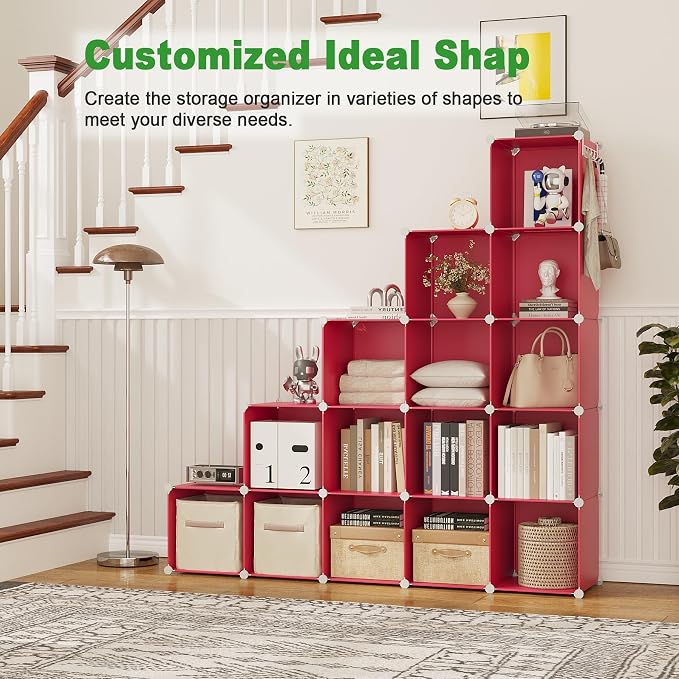 C&AHOME 16 Cube Storage Organizer Cube Shelves Units Storage Cubes, Red