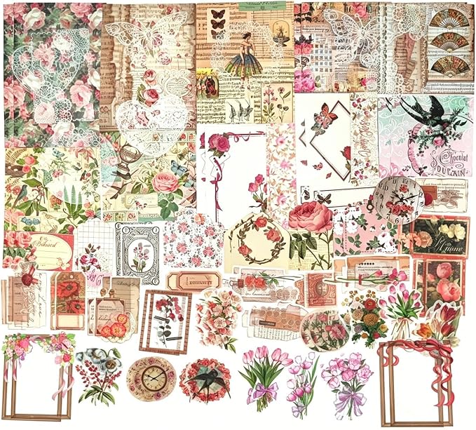 Esweny 100 PCS Vintage Ephemera Pack Journaling Scrapbooking Supplies Scrapbook Sticker Paper Kit for Junk Journal Planners Collage Craft Notebooks Decoupage Album (Flowers)