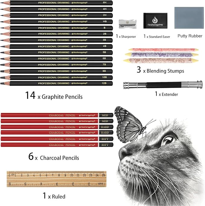 Drawing Pencils Sketch Pencil Art Supplies Set for Adults Beginners Professional Sketching Art Graphite Charcoal Blending Stump Pencils kit