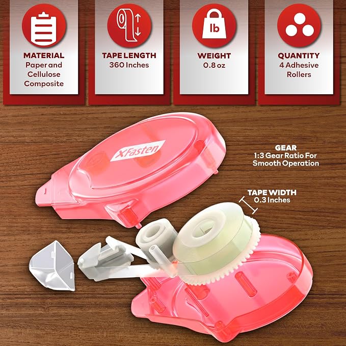 XFasten Glue Tape Roller Runner Pink, Photo-Safe, Zero-Jamming 0.3-inch x 360-inch (4-Pack, 1440-inches Total) Double Sided Gift Wrap Tape Adhesive for Scrapbooking Bullet Journaling Card Making