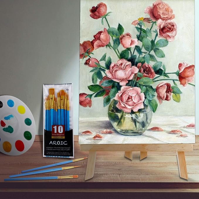 144 PCS Professional Painting Set, 12 PCS Wood Easels,12 Pack 120 Brushes | with Nylon Brush Head and 12 PCS Palettes, Painting Supplies kit for Kids & Adults Party