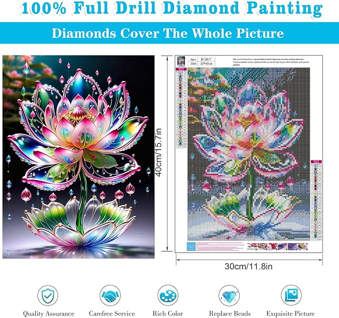 Meothan Diamond Art Kits for Adults Lotus Diamond Painting Kit 12x16in | 5D Lotus Diamond Art Painting Kit for Adult, DIY Full Round Drill Flowers Gem Art Diamond Dots Kits for Home Wall Decor Gift