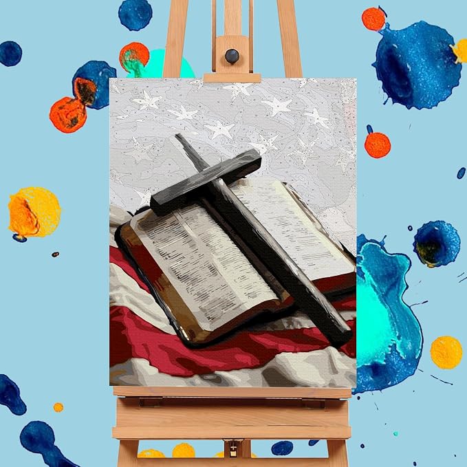 Paint by Numbers Kit for Adults, Flag Cross DIY Acrylic Canvas Painting Set | 16x20 Inch, Religious Christian Bible Number Painting Craft Kit, Home Wall Decor, Stress Relief Relaxing Hobby Gift