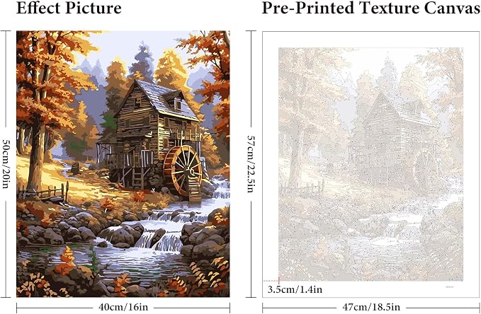 Fountor Fall Landscape Paint by Numbers Kit for Adults Beginner 16x20 Inch | DIY Acrylic Painting by Numbers Cabin in the Forest, Stream, Without Frame Canvas, Stress Relief Craft Kits, Home Decor Gift
