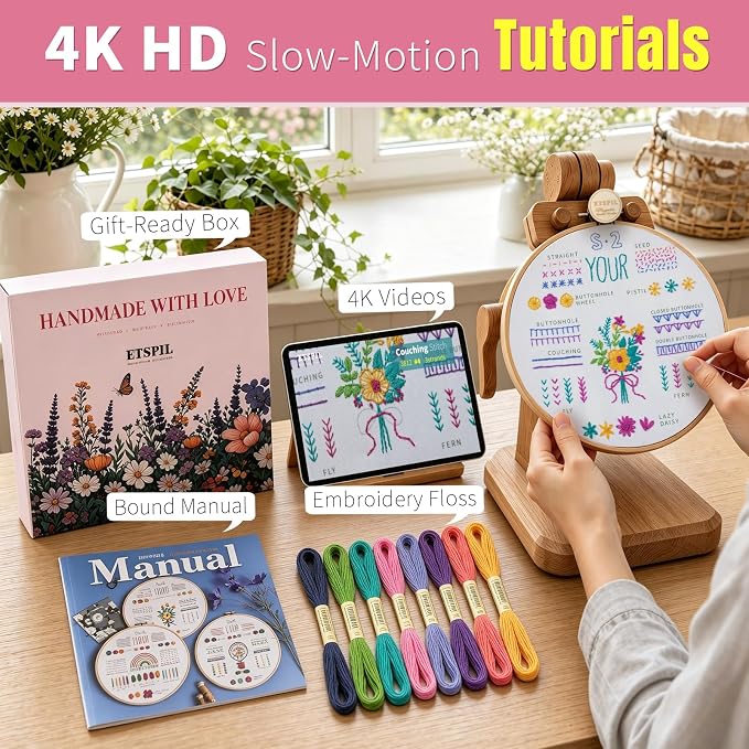ETSPIL Beginner Embroidery Kit for Adults, No-Wash Finish, 4K Video | Pre-Printed, Guides Vanish. 20% Extra Floss, Bound Manual. All Tools Included. Gift-Ready. Relaxing Craft at Home