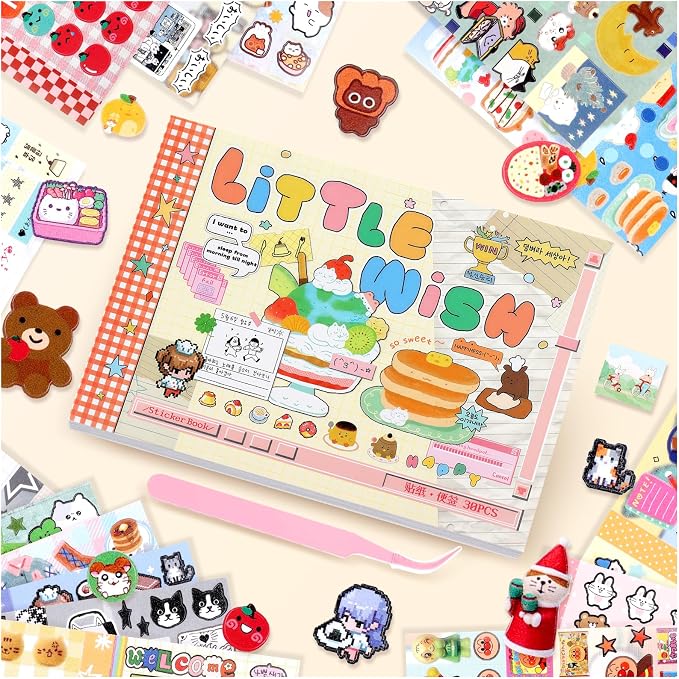 Tmtains 30 Sheets Kawaii Japanese Sticker Book Manga Books Style Writable Note Sticker Glitter Sand Aesthetic Japanese Korean Stickers Book for Adults Scrapbooking Notebook Supplies (A Little Wish)