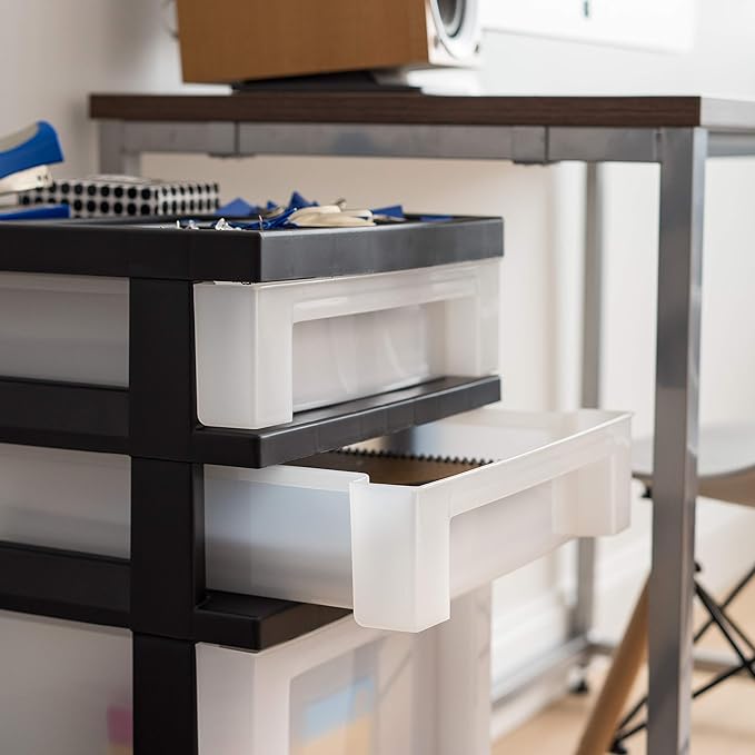 IRIS USA 4-Drawer Rolling Storage Cart with Organizer Top, Black/Pearl