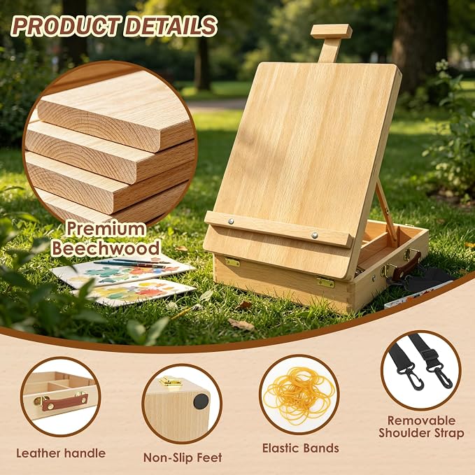 Tabletop Easel for Painting, Adjustable Beechwood Sketchbox, Portable | Features detachable shoulder strap for travel, Large storage box with adjustable angles for adults, artists & beginners
