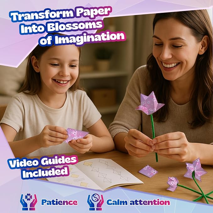 Pinwheel Crafts Flower Origami Kit for Kids Ages 8-12, 550 Pcs | 350 multicolor folding sheets, 100 chenille stems, 100 buttons and gems, booklet, makes 3D paper flowers, gift for girls