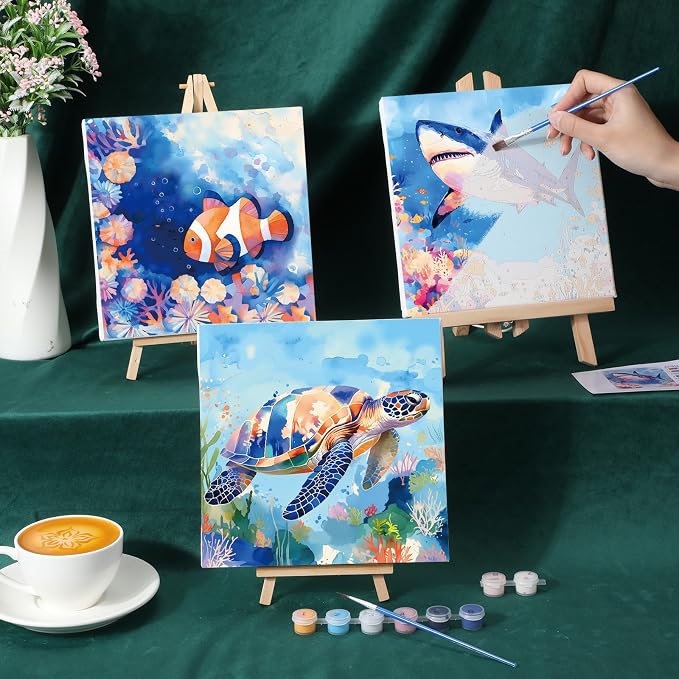 Nezyo 12 Sets Paint by Numbers with Frame, Ocean Animals Canvas 8x8 Inch | DIY Acrylic Number Painting for Beginners, Sea Life Designs, Includes Brushes Paints, Party Classroom Birthday Gift
