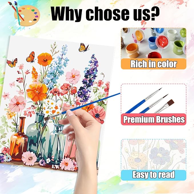 Yunruily 3 Pack Flowers Adult Paint by Numbers - Paint by Number kit for Adults,Flowers Paint by Number Adult for Gifts Home Wall Decor 12x16inch
